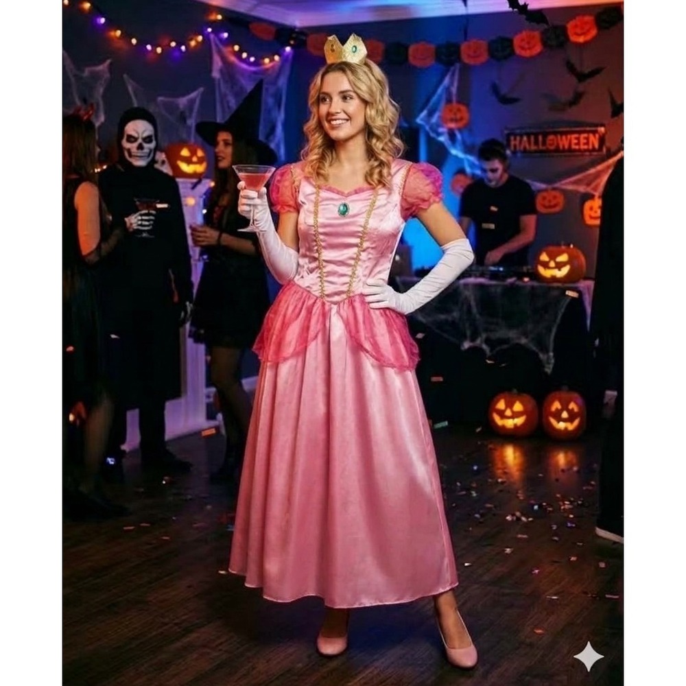 Princess Peach Costume Pink Satin Dress Gloves Crown Set Small Halloween Cosplay